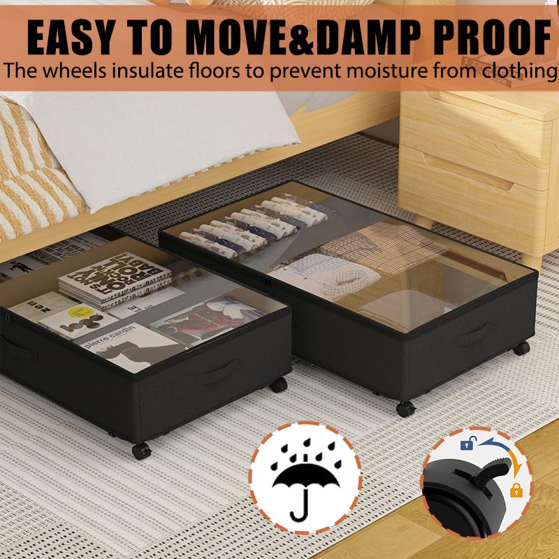 2 Pack Under Bed Storage Rolling Metal Frame Underbed Containers with Wheels Lid Visiable Window Storage Bag Box Organizer Home Closet Organization