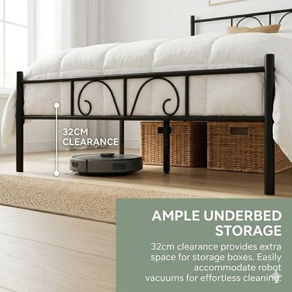 FurnitureR Black Metal Double Bed, Design Frame with Ornamental Patterns, Steel Slatted Base, Ideal for Bedroom, Studio, Guest, 140 x 190 cm