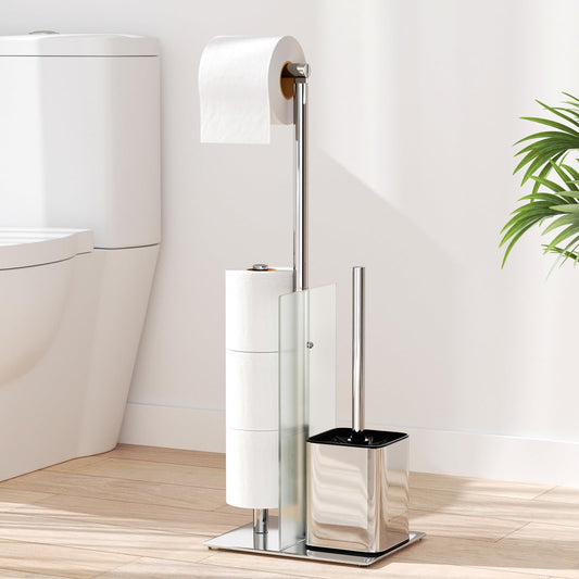 susswiff Toilet Roll Holder with Brush - Stainless Steel Free Standing Glass Baffle, Paper and Brush, Silver (BSP-1482)