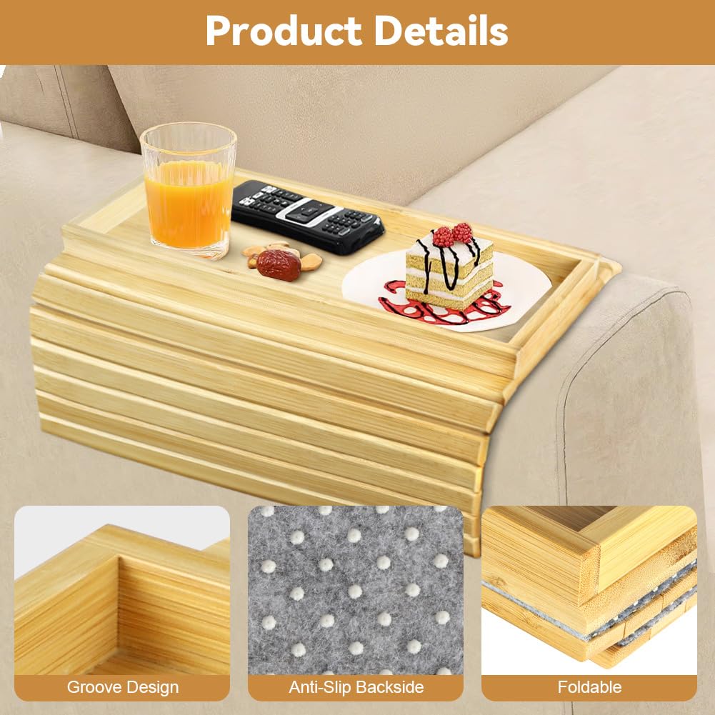 AOOHA Square Couch Protector Tray,Foldable Wooden Armrest Tray with Non-Slip Backing,Natural Bamboo Sofa Arm Table,Bamboo Sofa Rest Table for