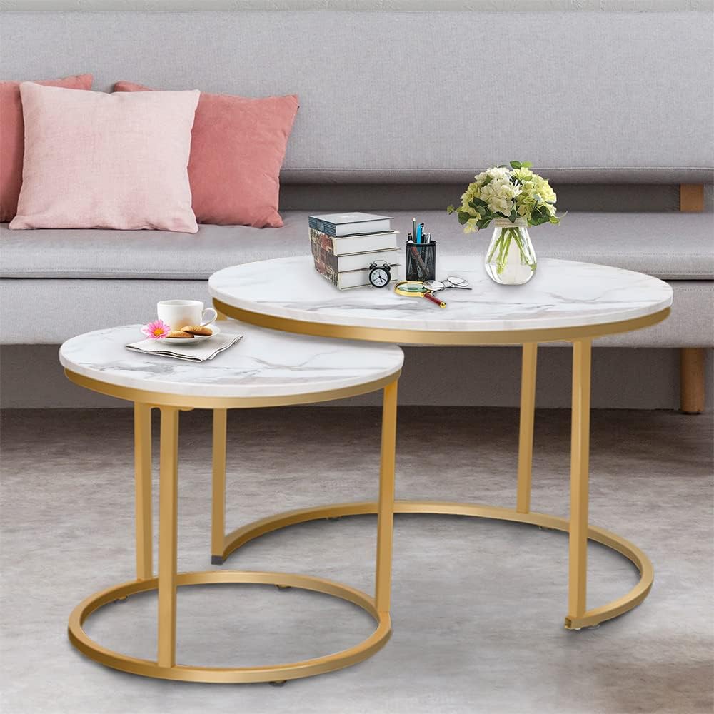 Garden 4 you Round Nesting Coffee Table Set of 2 for Living Room,Marble Center Tea Nest of Table with Metal Frame,End Side table for Small