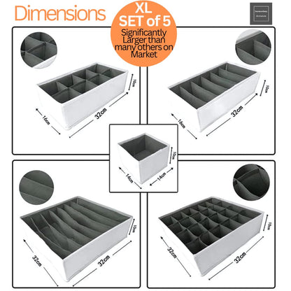 Bermondsey Division Set of 5 Drawer Organiser Divider White Charcoal Grey Drawer Divider Clothes Drawer Organisers Wardrobe Organiser Underwear