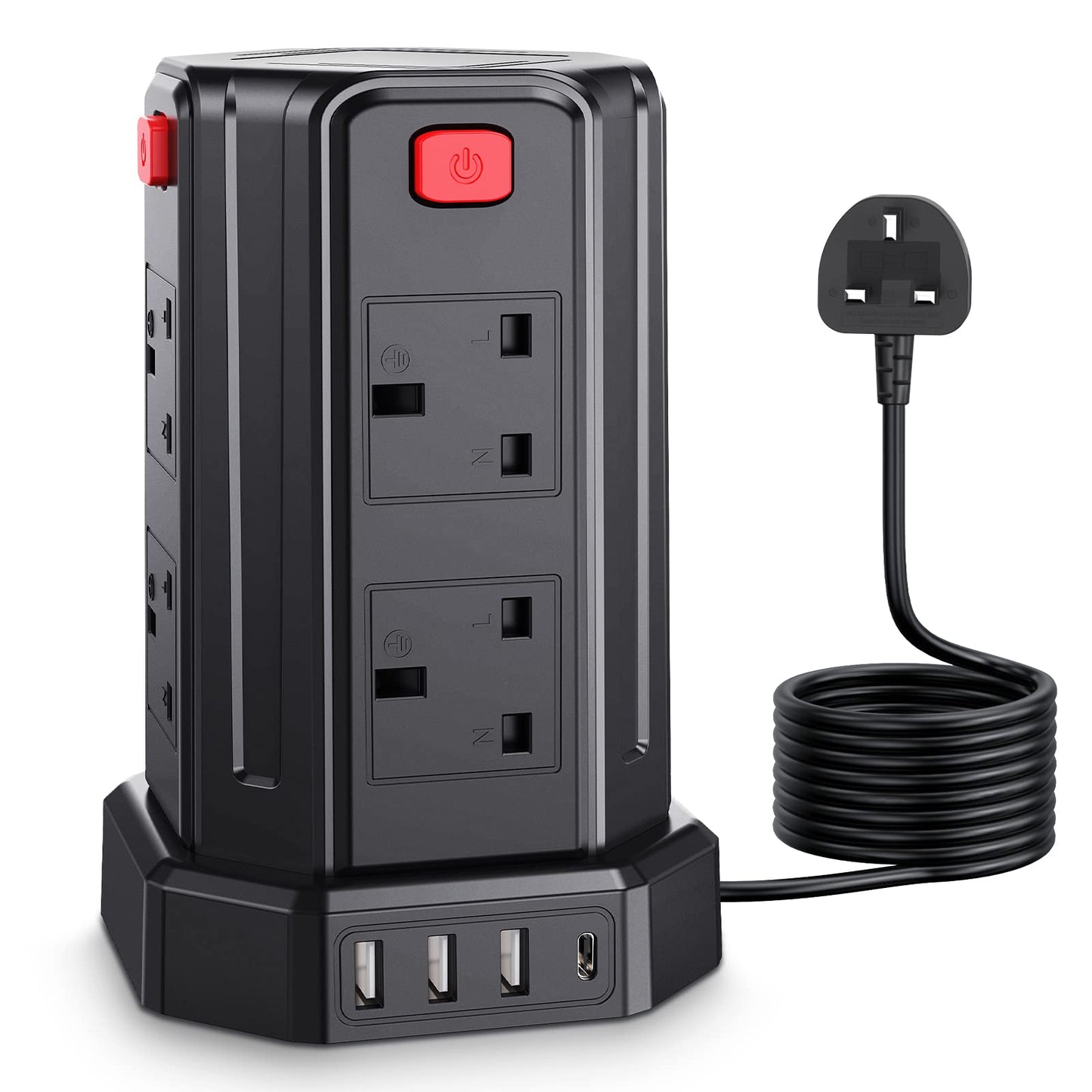 Tower Extension Lead 5M, [13A 3250W] Multi Plug Extension,8 AC Outlets & 4 USB (1 Type C and 3 USB Ports) Surge Protector Extension Lead with USB