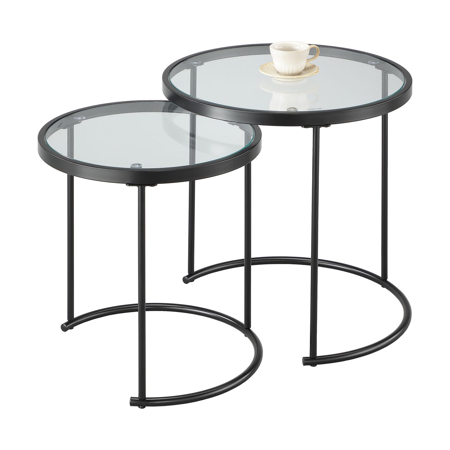 ASPECT Visio Set of 2 Round Nesting Table-Clear Glass Top/Black Frame (Clear/Black)