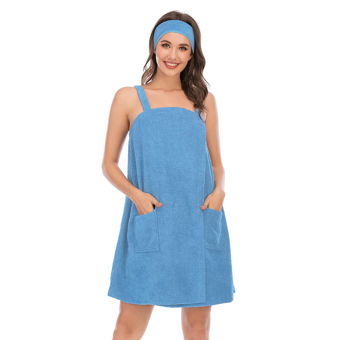 Verve Jelly Women's Towel Wrap for Spa Shower with Straps Highly Water Absorbent Cotton Shower Towel Wrap Light Blue