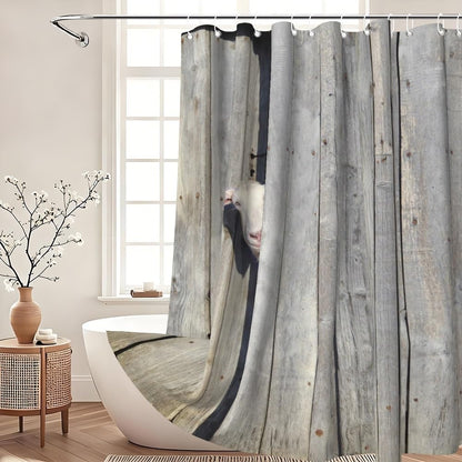Xiaoterna Rustic Shower Curtain Farm Animal Bathroom Curtain Rustic Wooden Door Cute Sheep in Rustic Wooden Cottage Farmland Waterproof Mildew