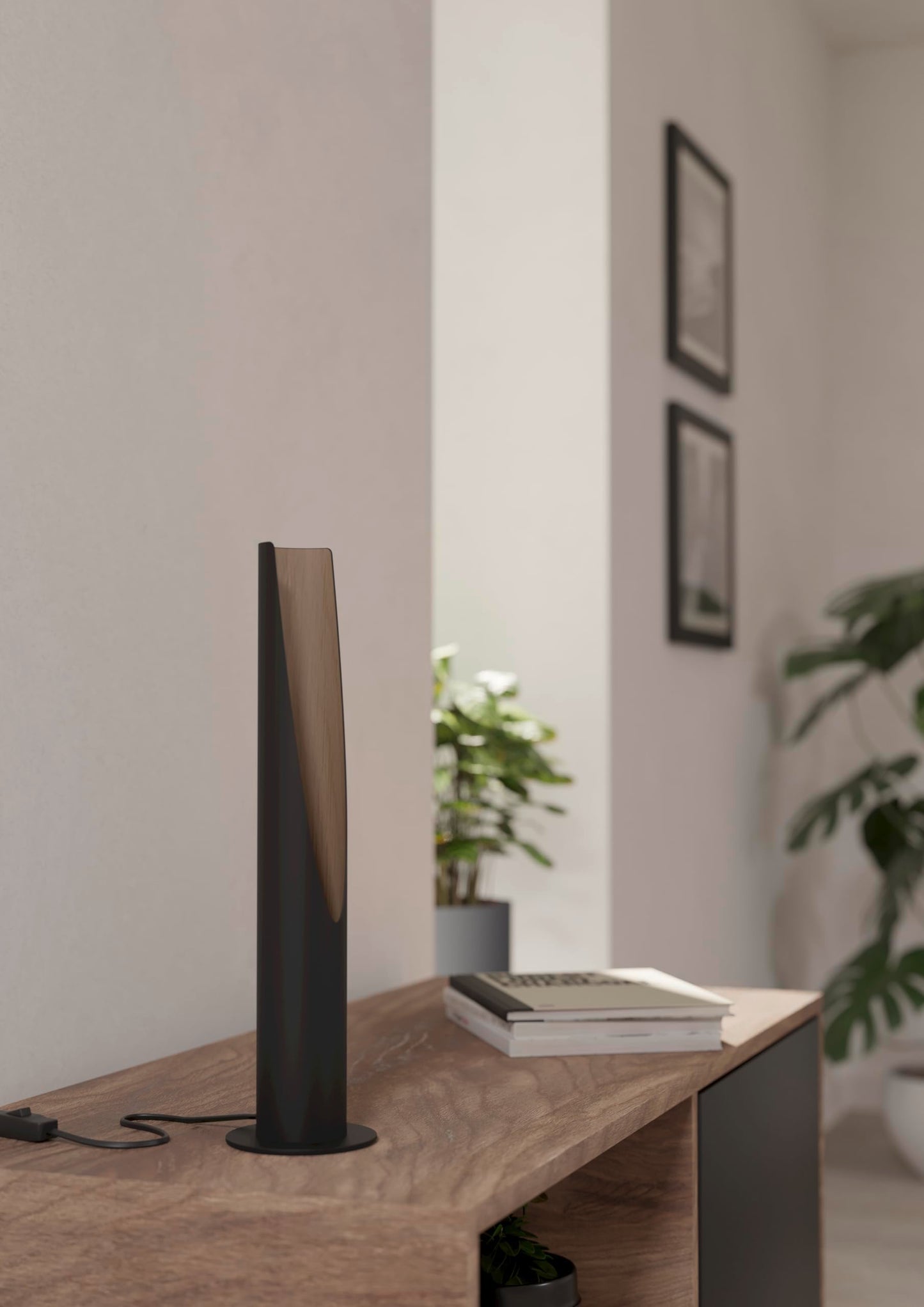 Eglo Table lamp Barbotto, Bedside lamp with indirect Light, Living Room Lighting Made of Black Metal and Wood in Oak, incl. GU10 Bulb, 40 cm, FSC