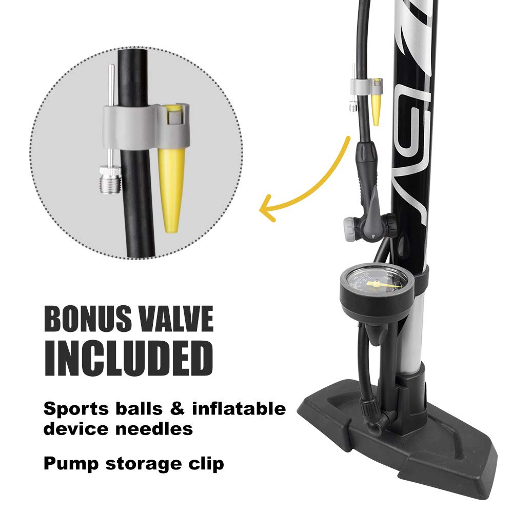 BV Bicycle Pump Durable Steel Bike Floor Pump 17/24 inch Smart Valve Head, 160 psi, Automatically Reversible Presta and Schrader (Black- Full Size)