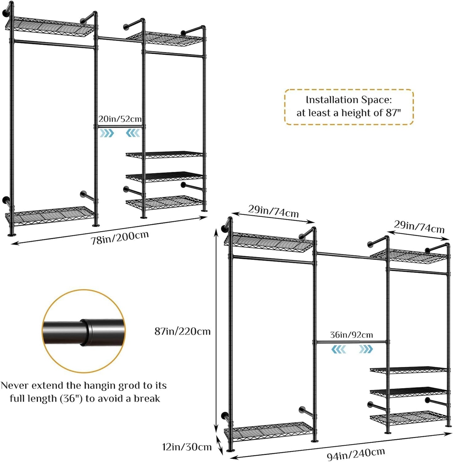 Wall Mounted Heavy Duty Clothes Rail with 6 Shelves 2 Expandable Rods