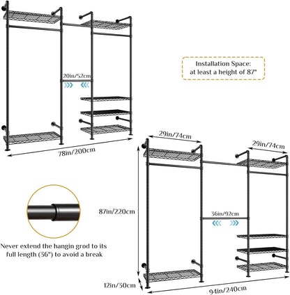 Wall Mounted Heavy Duty Clothes Rail with 6 Shelves 2 Expandable Rods