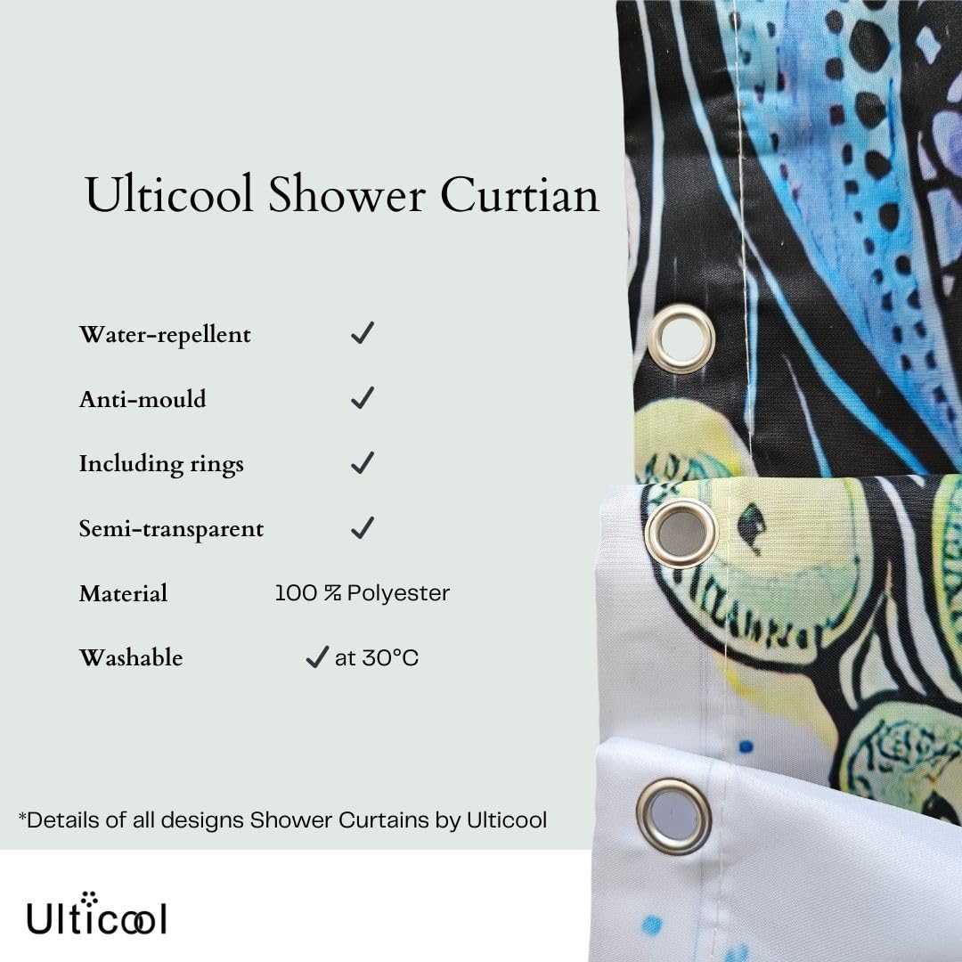 Ulticool Mandala Shower Curtain, 180 x 200 cm, Washable, Anti-Mildew Waterproof, with 12 Rings, Blue