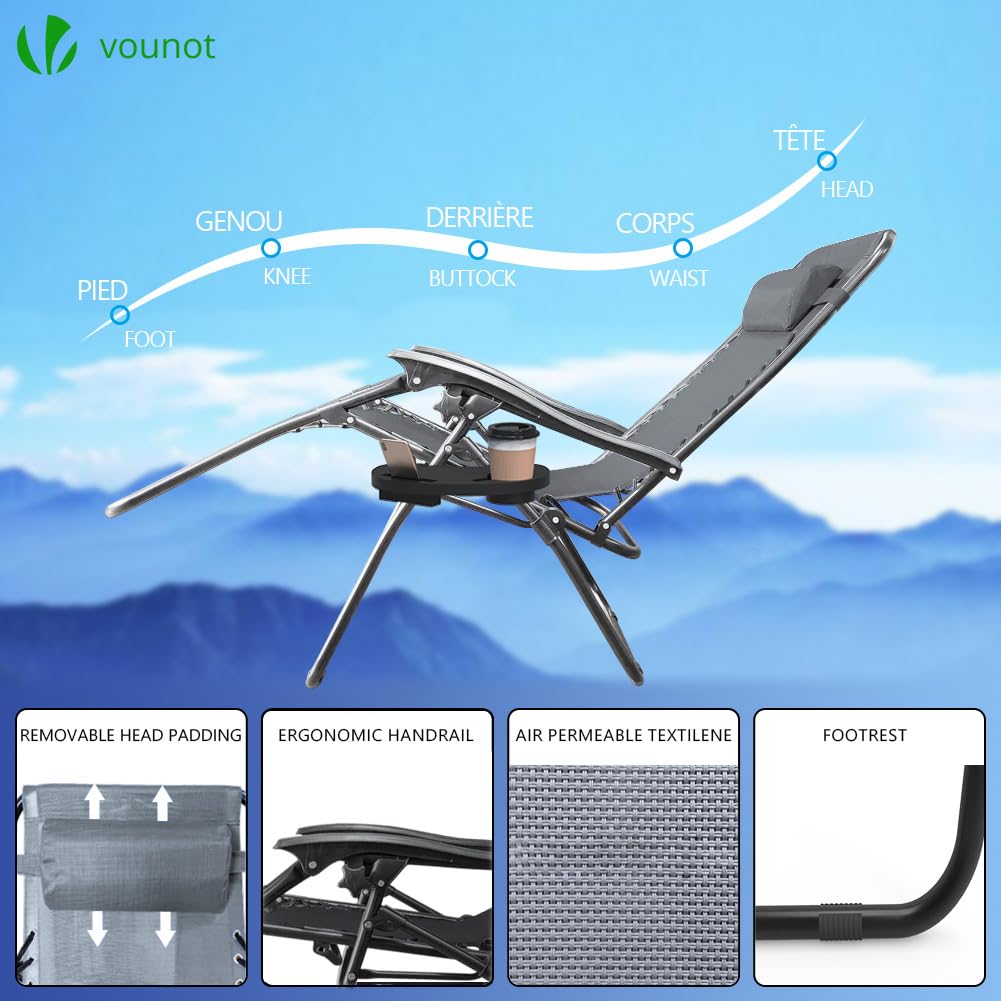 VOUNOT Zero Gravity Chair with Side Table, Set of 2, Deck Folding Recliner Sun Loungers Outdoor Chair with Cup and Phone Holder, Grey