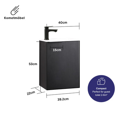 Kometmöbel Cloakroom Vanity Unit With Wash Basin Bathroom Vanity 40cm Wall Hung (Black with Handle 40cm, Without Tap)