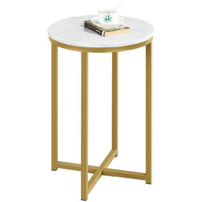 Yaheetech Round Faux Marble Side Table with X-Frame, Mustard Gold