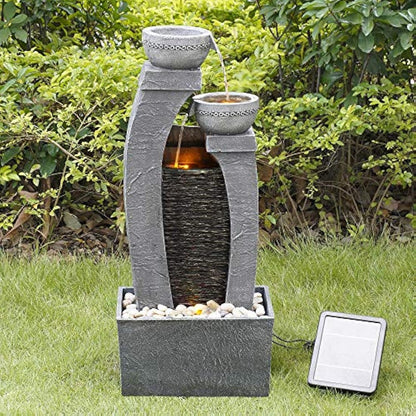 Teamson Home Solar Powered Water Feature, Indoor or Outdoor Garden Water Fountain, Indoor Waterfall with Battery Back Up and LED Lights, 3 Tier, Grey
