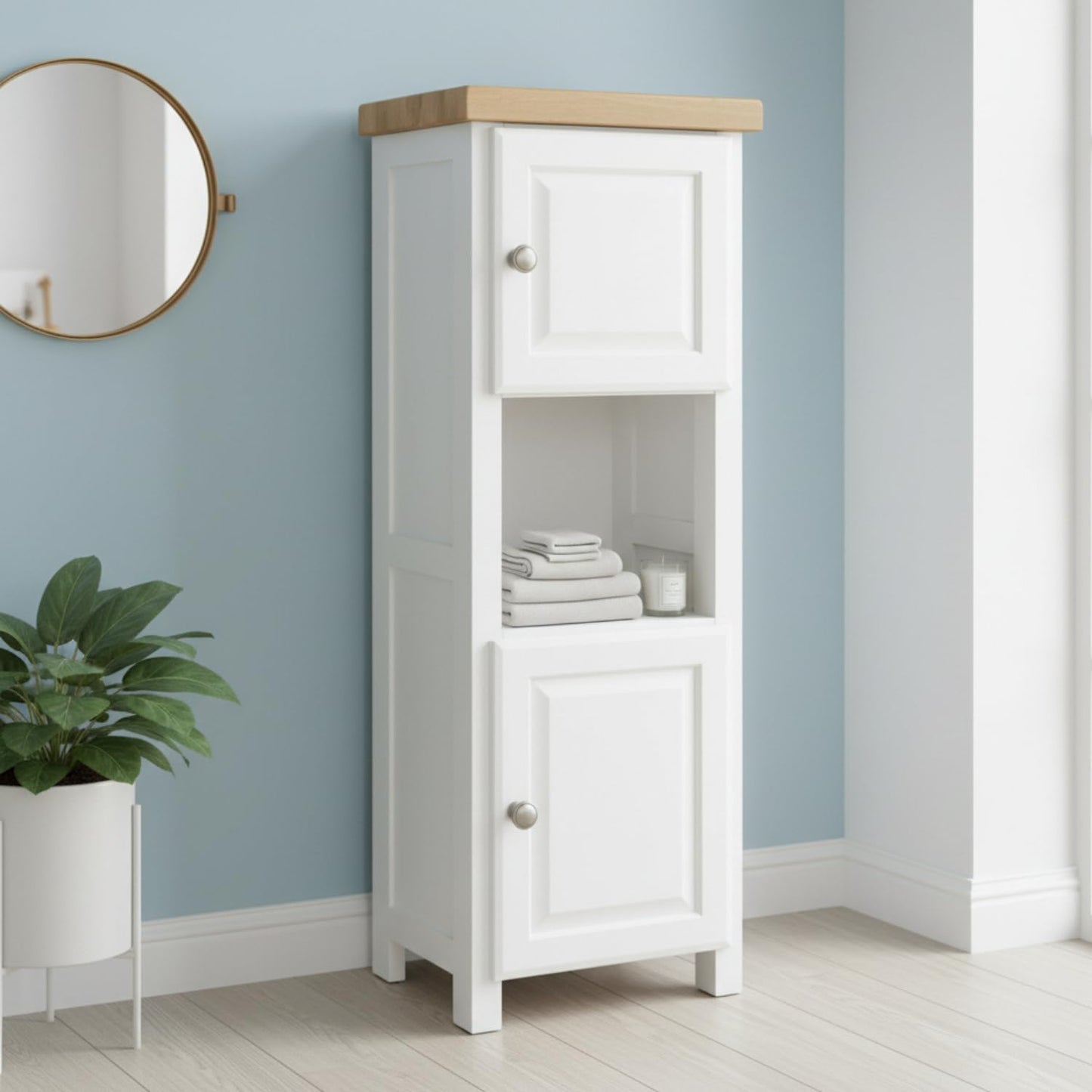 GROF GROFurniture Tall White Slim Cabinet Hallway Storage or Livingroom Unit, Corner Display Unit with Shelf