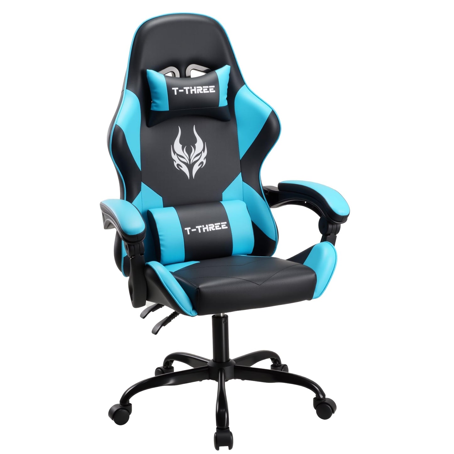 T-THREE.Ergonomic high-back gaming, computer, office, study, swivel, and racing-style chair with adjustable lumbar and headrest support