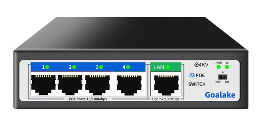 Goalake PoE+ Switch 5 Port 100Mbps?4 PoE Ports +1 Uplink), 802.3af/at, 52W for all PoE Ports, AI Extended to 250m, Ideal for IP Surveillance and