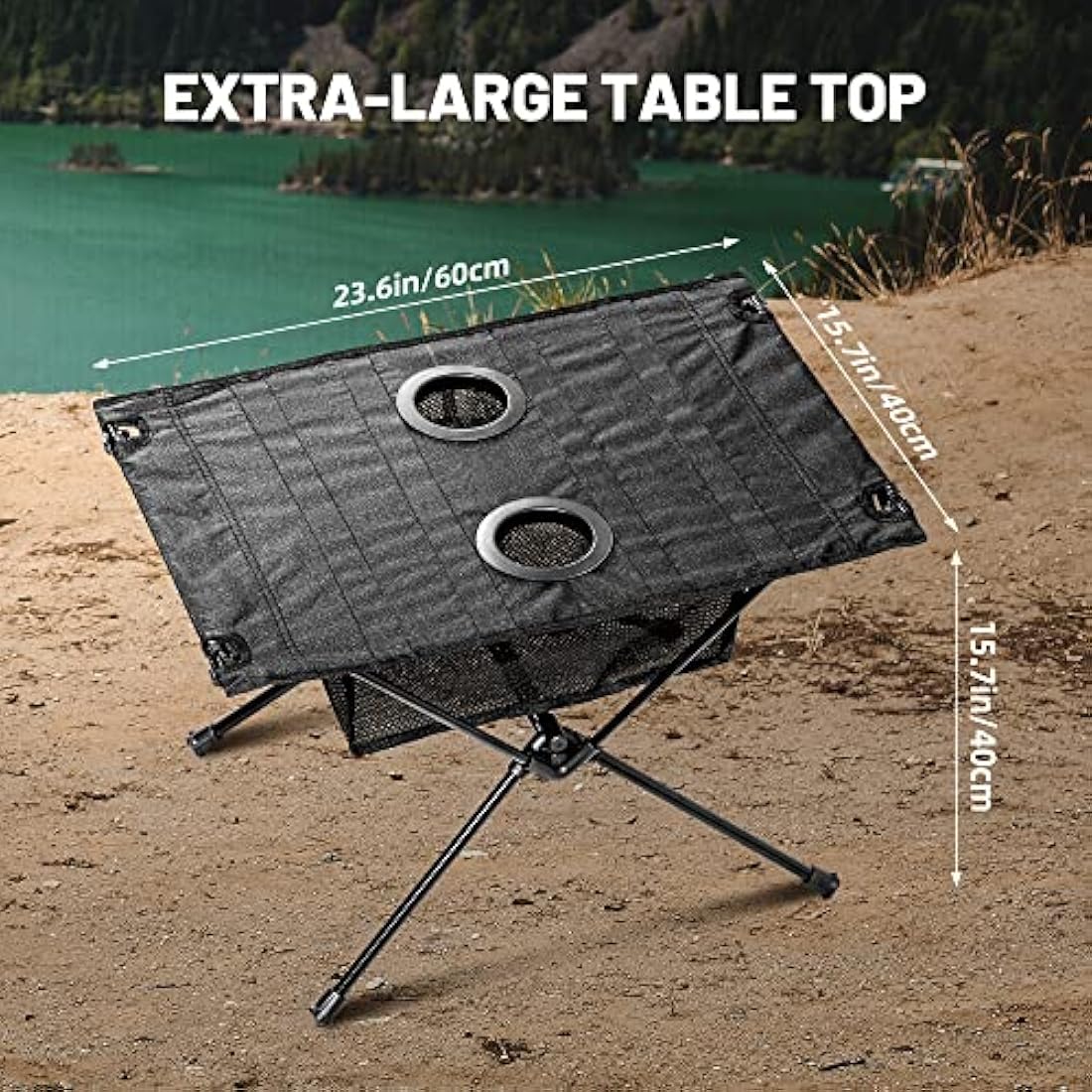 ZUNE LOTOO Portable Lightweight Camping Folding Table - 60x40x40cm Large Waterproof 35kg Bearing Capacity Sturdy Picnic Table, with Mesh Storage Organiser and Carry Bag, for Outdoor Hiking
