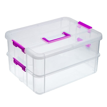IGNPION 2-Tier Stackable Craft Storage Box Plastic Adjustable Storage Containers with Carry Handle Transparent Containers Organiser for Art & Craft
