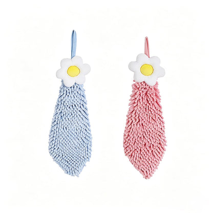 Chenille Hand Drying Towel with Hanging Loop,Daisy Design Lovely Fingertip Towel for Kids Adults