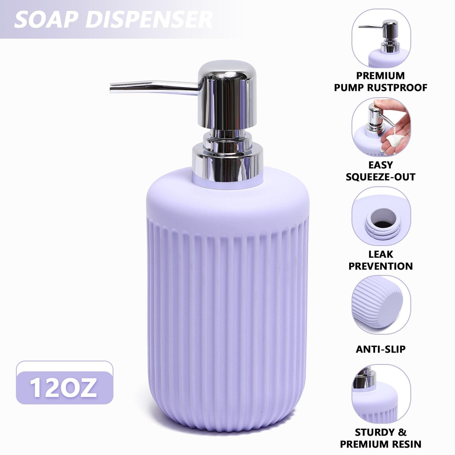 XLHOMO Resin Light Purple Bathroom Accessories Set 5 Pcs, Lotion Soap Dispenser, Toothbrush Holder, Bathroom Tumbler, Qtip Holder and Vanity Tray