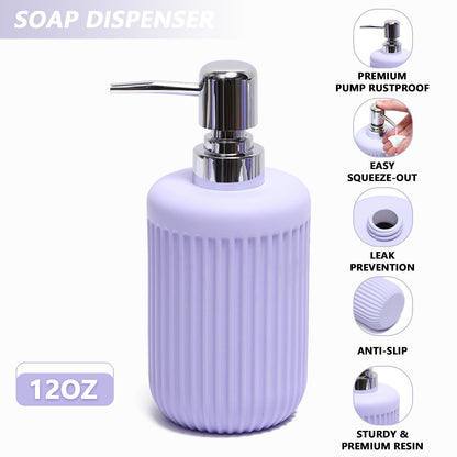XLHOMO Resin Light Purple Bathroom Accessories Set 5 Pcs, Lotion Soap Dispenser, Toothbrush Holder, Bathroom Tumbler, Qtip Holder and Vanity Tray