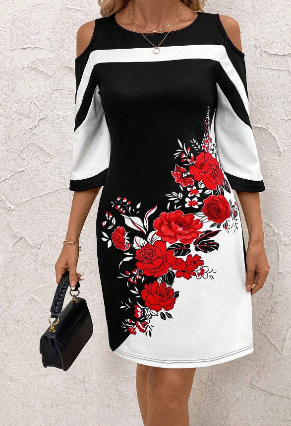Women's Casual Fashionable Rose-Print Contrast-Color Slim-Fit Dress