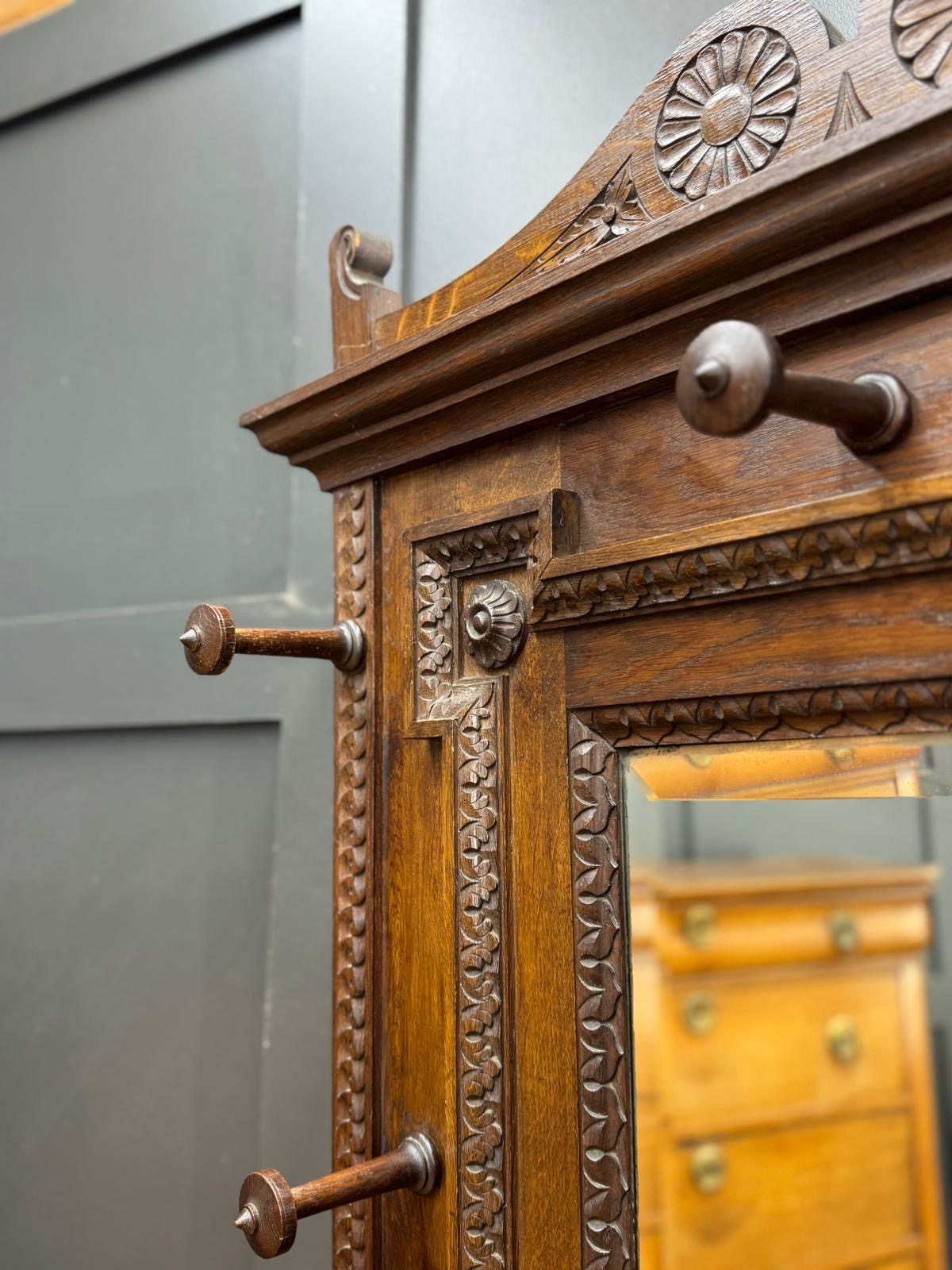 Antique Oak Hallway Coat & Hat Stand with Mirror and Storage