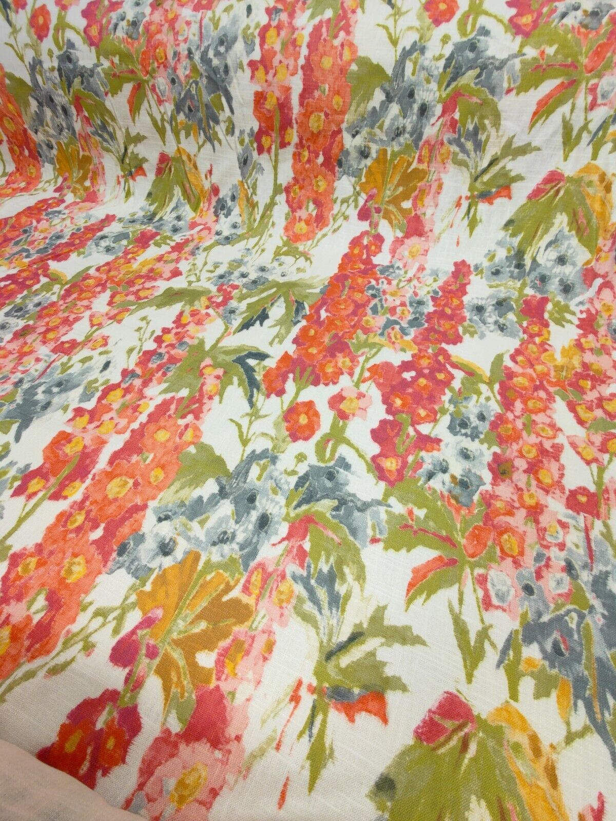 Edinburgh Weavers Hollyhocks Candy / Indigo Curtain Fabric By The Metre