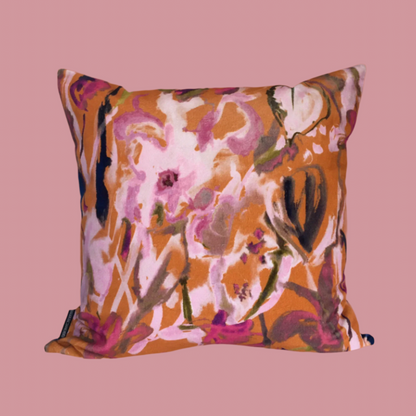 Watercolour Floral Velvet Cushion - Burnt Orange