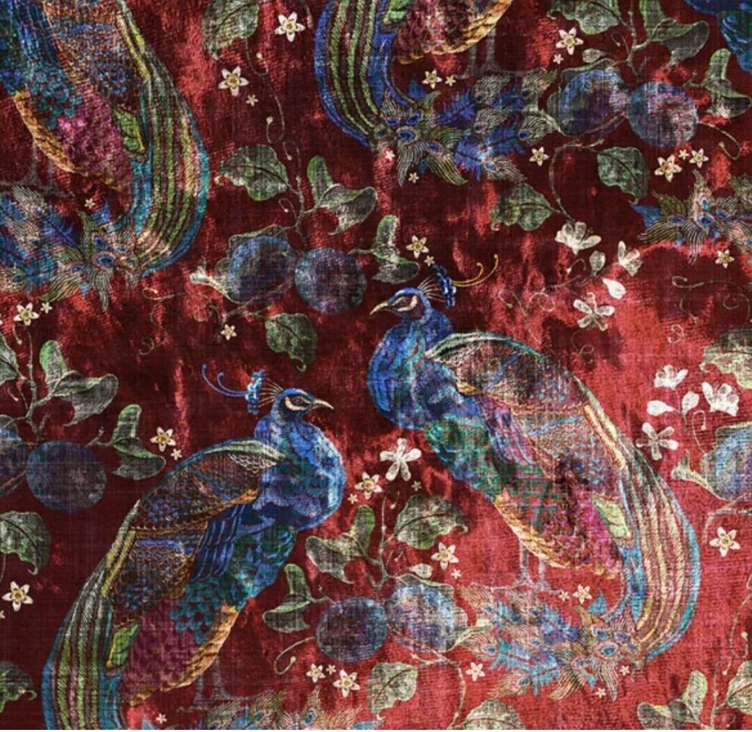 Peacock Curtain & Upholstery Fabric - Art of the Loom Navy/Cranberry/Green