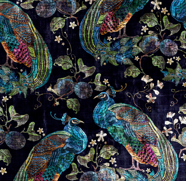 Peacock Opulence Curtain & Upholstery Fabric - Navy/Cranberry/Green