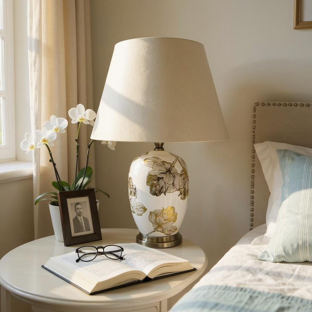 Cream Ceramic Table Lamp with Drum Shade – Durable Striped Design, Handmade Shade, Soft Ambient Light, Stylish Home Décor Accent for Living Room, Hallway, or Study (Floral Design Vase - 63cm Shade)