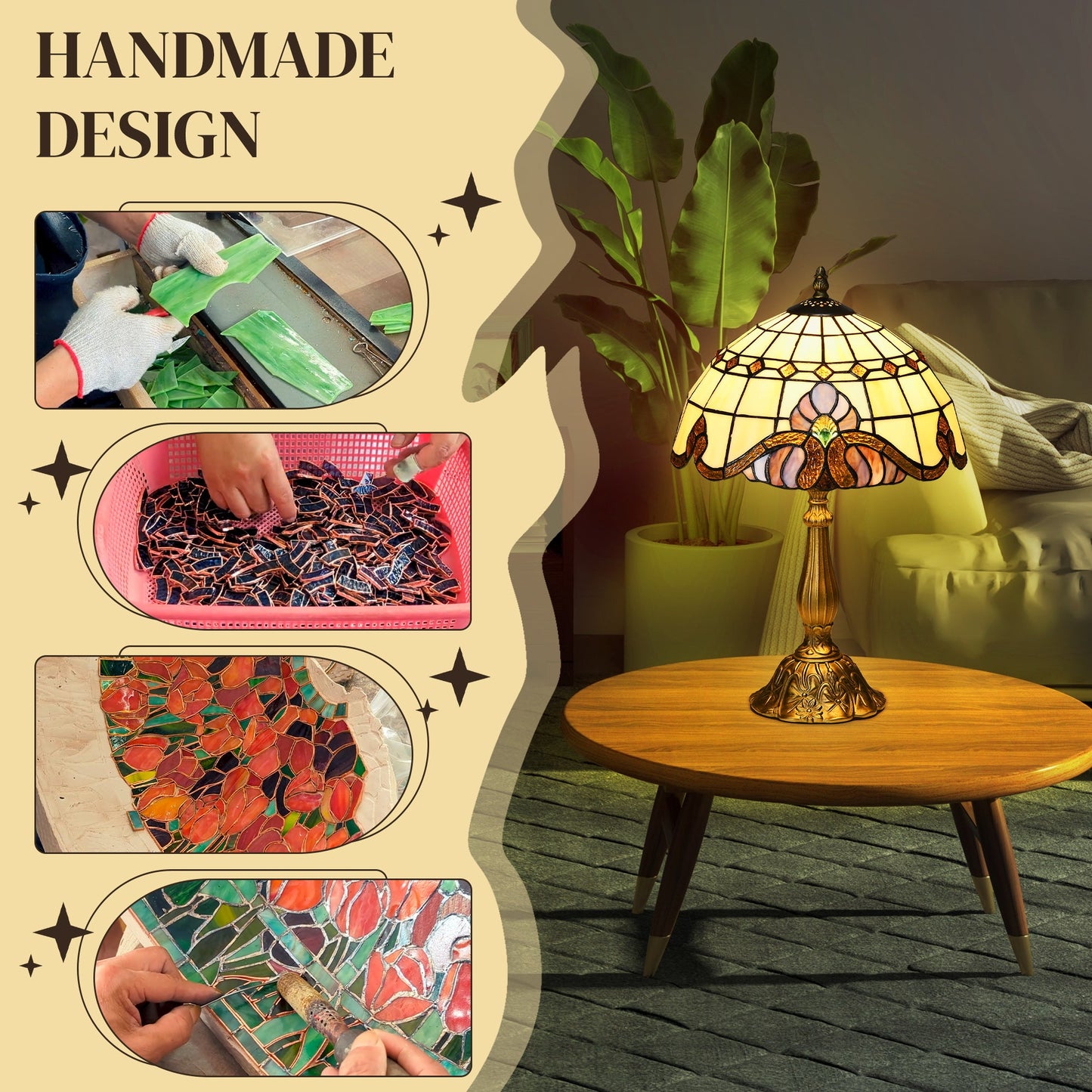 HOMCOM Stained Glass Table Lamp, Handmade Antique Bedside Lamp, Decorative Night Light for Bedroom, Living room, Home, Nightstand