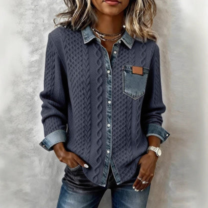 Women's Fashion Knit-and-jean Patchwork Shirt For Fall And Winter