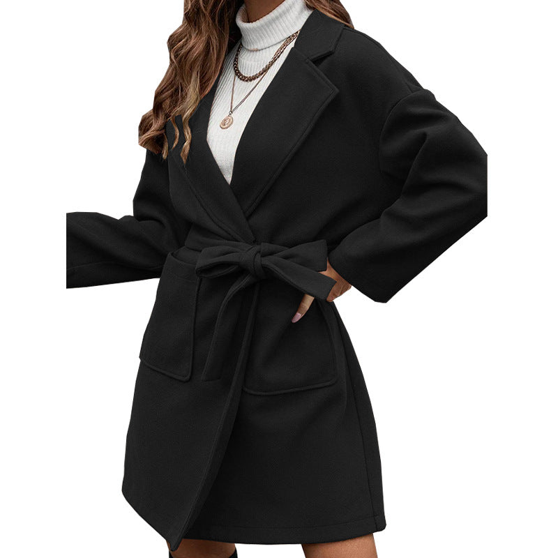 Minimalist Long Sleeve Lapel Button Split Belt Coat