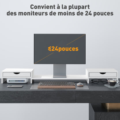 HOMCOM Dual Monitor Stand Riser with 2 Drawers, Adjustable Length and Angle, 116cm Monitor Riser for Laptop, Computer, PC, Small Printer, White