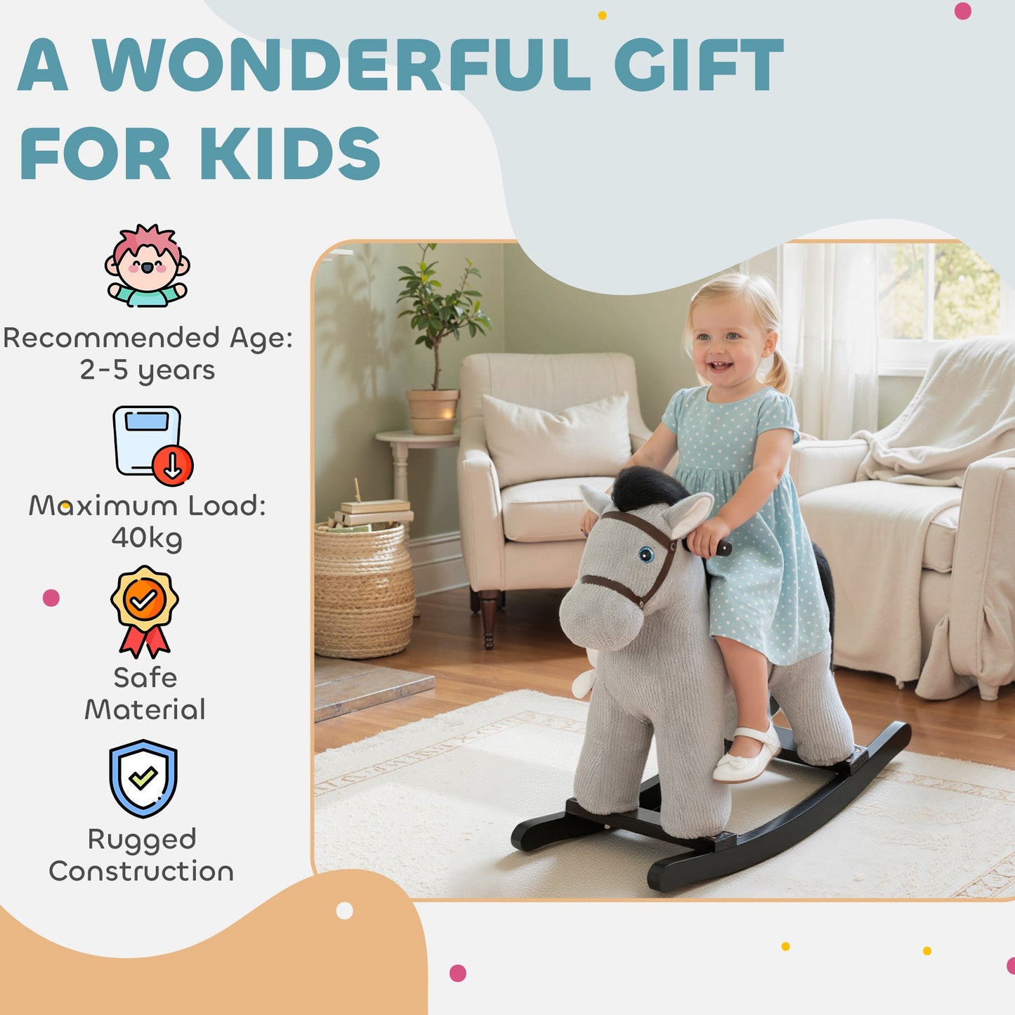 AIYAPLAY Baby Rocking Horse, Plush Ride on Toy with Handle Grip, Sound and Doll, Toddler Animal Rocker for Kids Aged 2-5, Grey