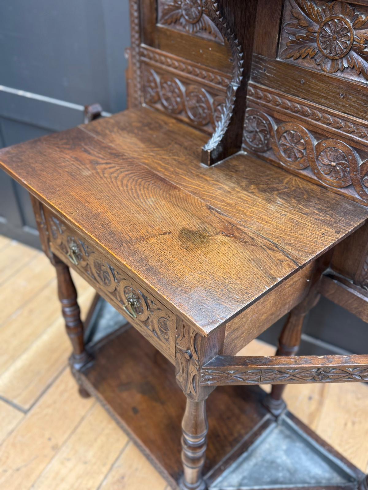 Antique Oak Hallway Coat & Hat Stand with Mirror and Storage