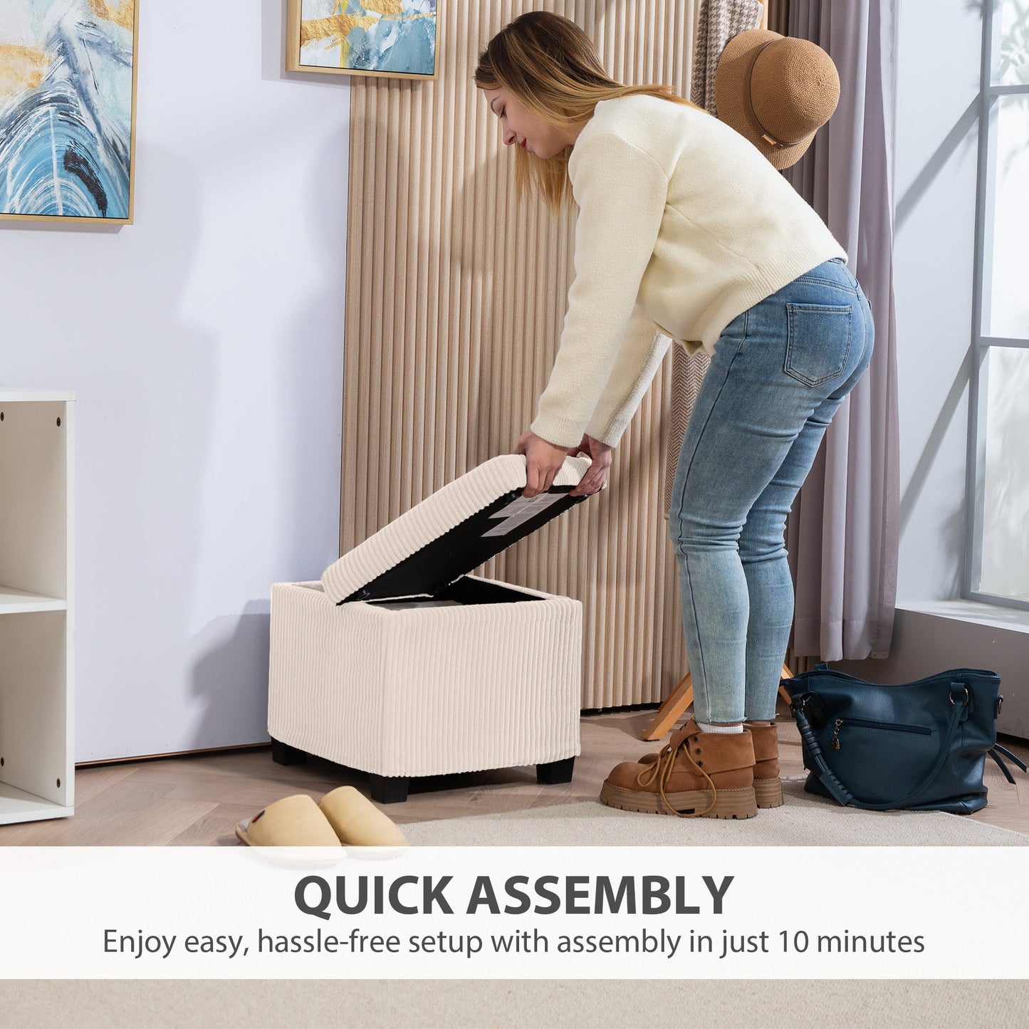 HOMCOM Storage Ottoman Bench, Corduroy Footstool with Removable Lid and Legs, 40cm Storage Chest Box for Living Room, Bedroom, Hallway, Beige