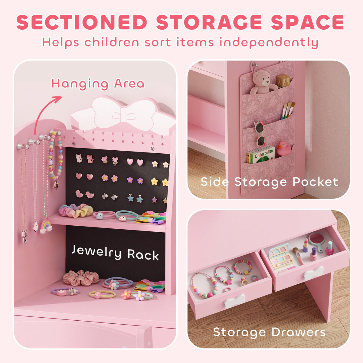 AIYAPLAY Kids Dressing Table, 3-in-1 Kids Vanity Set with Stool, 2-Colour Lights Mirror, Clothes Rack for Ages 3-8, Pink