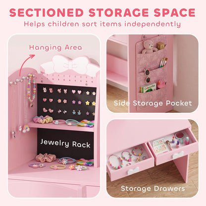 AIYAPLAY Kids Dressing Table, 3-in-1 Kids Vanity Set with Stool, 2-Colour Lights Mirror, Clothes Rack for Ages 3-8, Pink