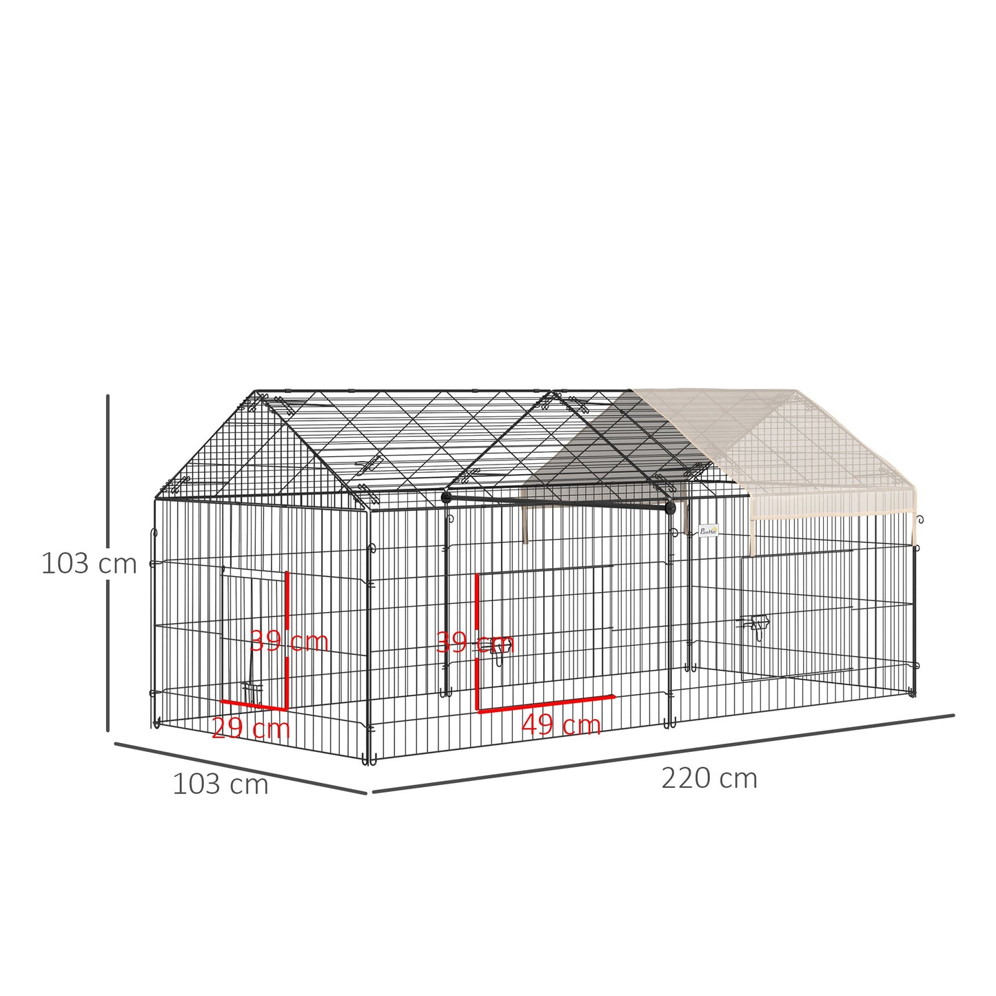 PawHut Metal Rabbit Run Playpen, Guinea Pig Cage, 220 x 103 x 103 cm, Beige