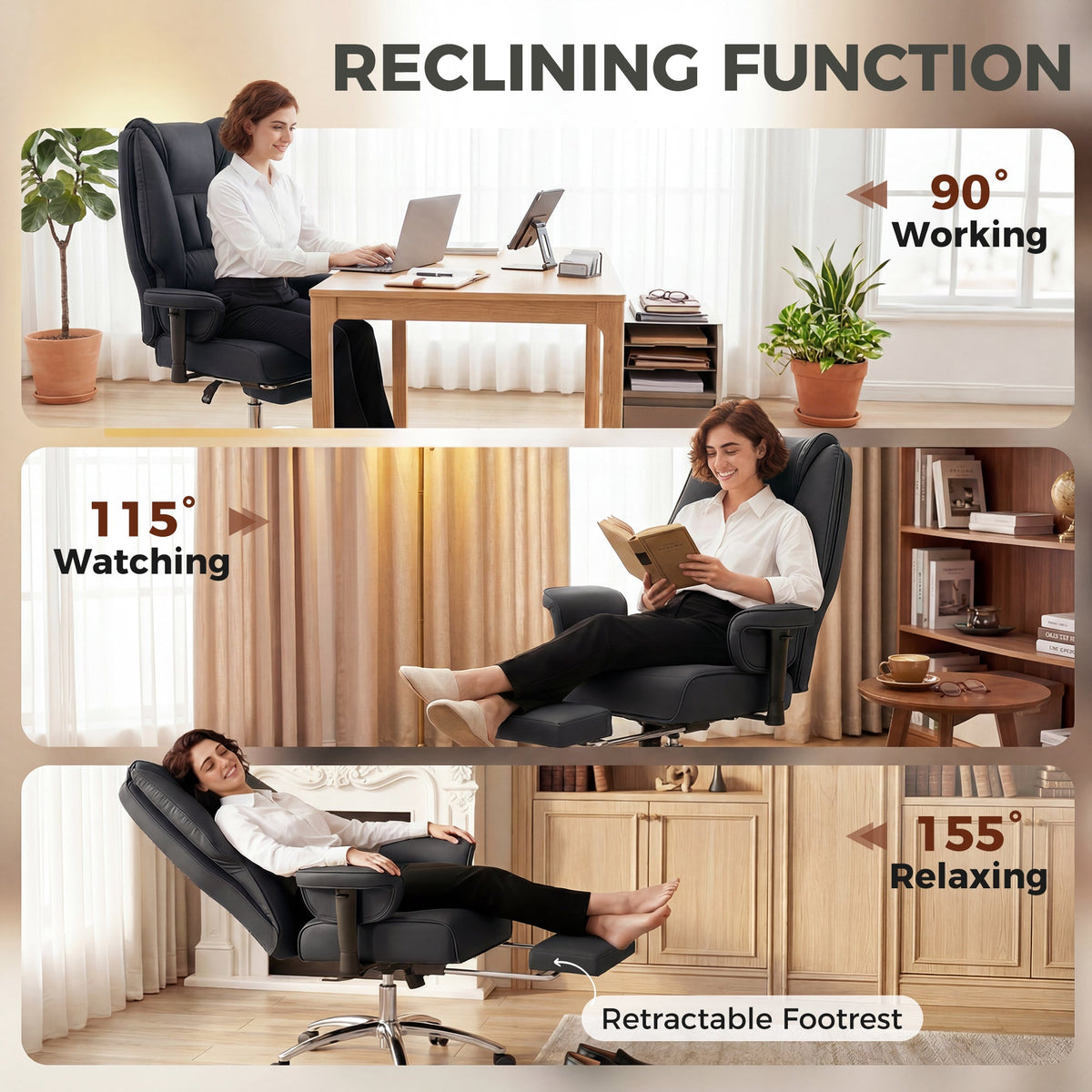 HOMCOM Executive Office Chair, Reclining Desk Chair with Footrest, Adjustable Armrests, Pet Friendly Faux Leather, Black