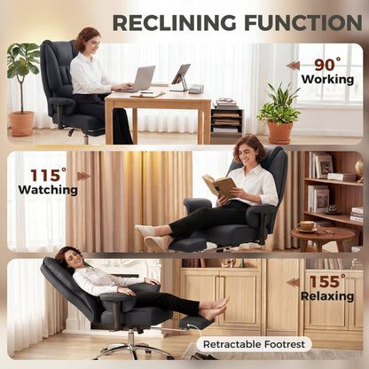 HOMCOM Executive Office Chair, Reclining Desk Chair with Footrest, Adjustable Armrests, Pet Friendly Faux Leather, Black