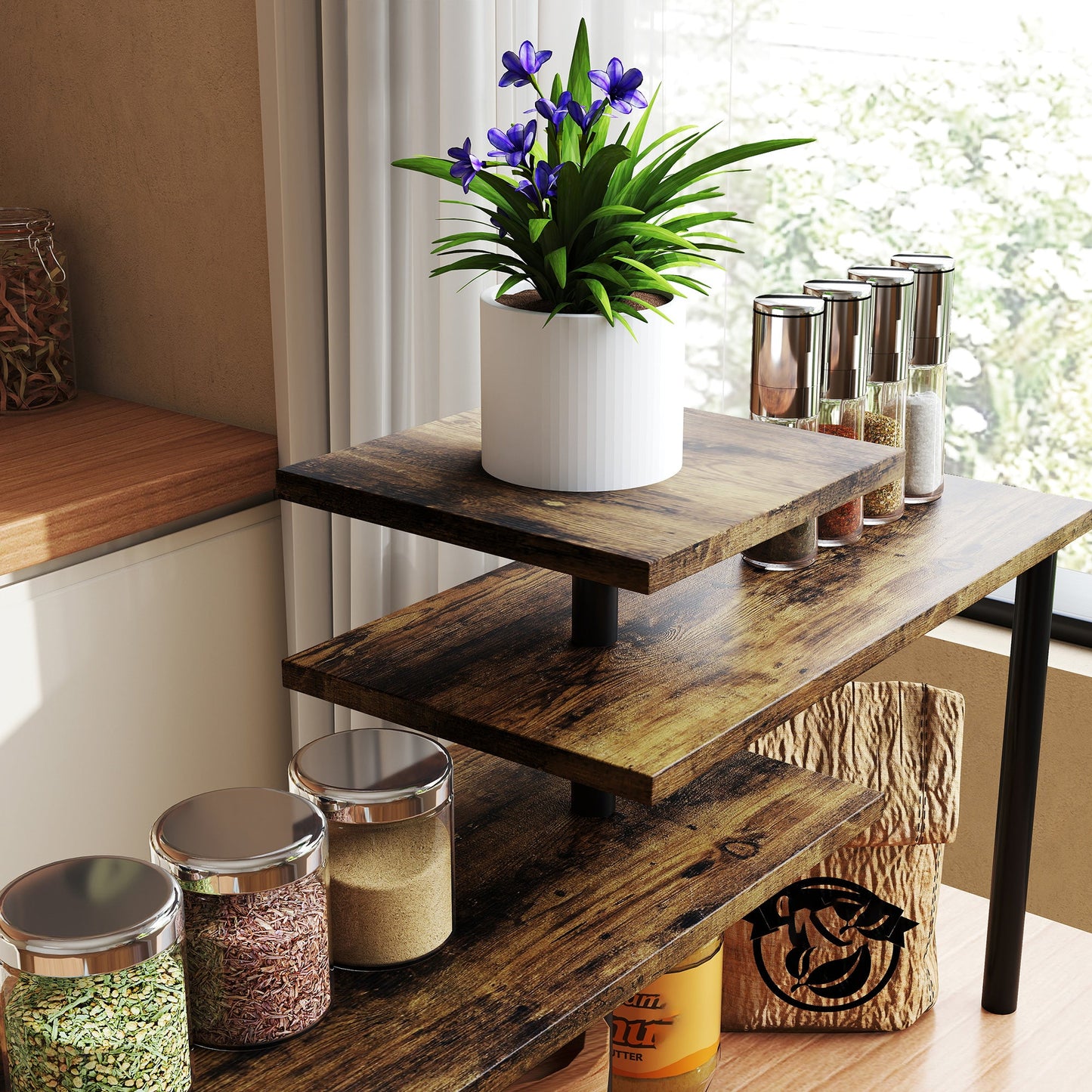 HOMCOM 3-Tier Kitchen Countertop Organiser, Adjustable Spice Rack, Corner Shelf for Kitchen, Coffee Bar, Bathroom, Rustic Brown