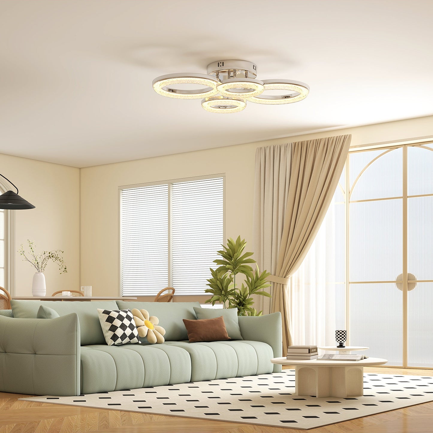 HOMCOM LED Ceiling Light, Modern Dimmable 4 Rings Ceiling Lamp with Wall Switch, 40W 4350lm Flush Mount Ceiling Light with 3500K/4500K/6000K Colour Temperatures for Living Room, Bedroom, Silver Tone