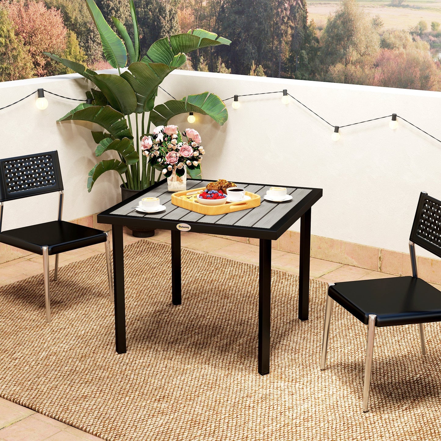 Outsunny Square Garden Dining Table with 5.4cm Parasol Hole, Slatted Top, Metal Frame, 86 x 86 x 71 cm, Light Grey