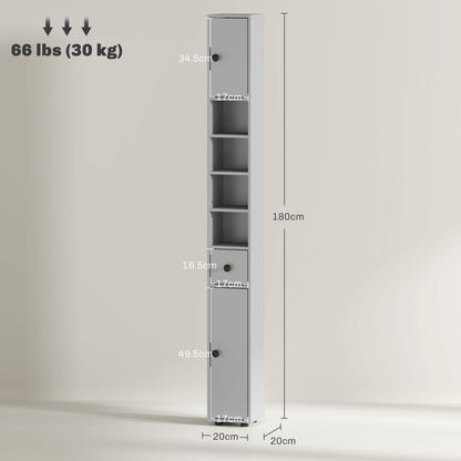 kleankin 180cm Slim Bathroom Cabinet, with Drawer, Shelves and Cupboards - Grey